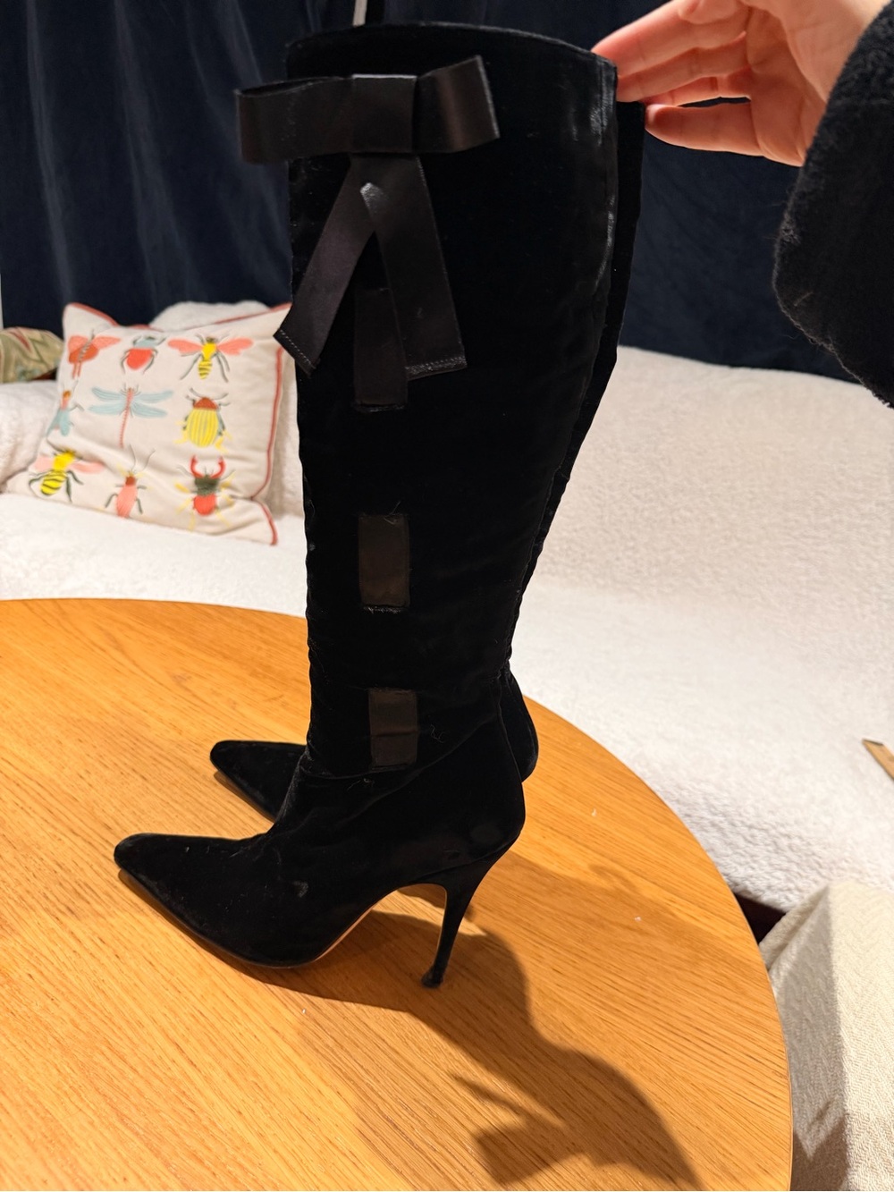 Women's Black Velvet Knee-High Stiletto leather Boots with Ribbon Detail